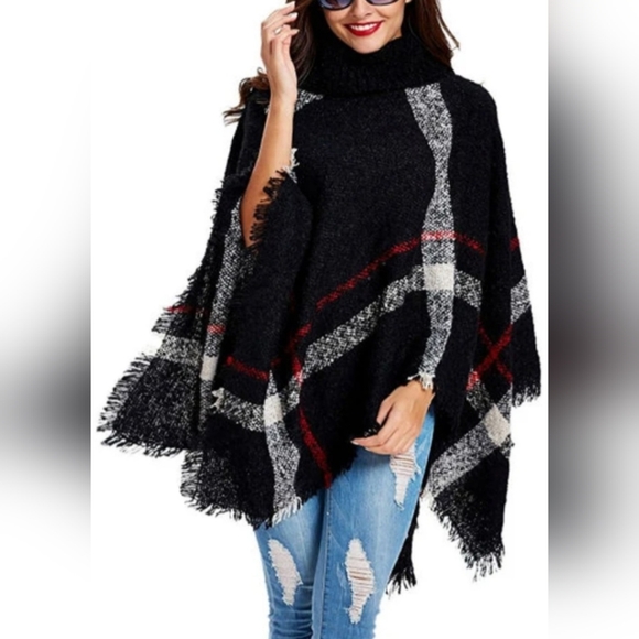 A.Byer Women's 100%acrylic One Size Sweater Ponchos Plaid Black/White/Red - Picture 16 of 16